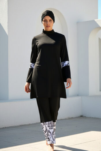 Desen Detaylı Siyah Tam Kapalı Tesettür Mayo Bisiklet Yaka – Micro Dokuma 1958