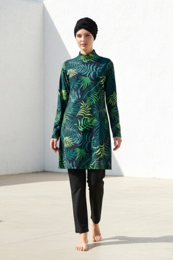 Marina Tam Kapalı Tesettür Mayo Yeşil Yaprak Desenli 4 Parça – 1968