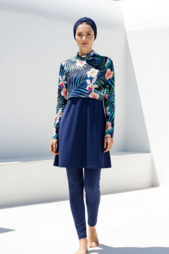 Marina Tam Kapalı Tesettür Mayo Takımı Lacivert Desenli 4 Parça Likralı – 1971
