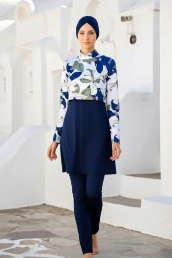 Marina Tam Kapalı Tesettür Mayo Lacivert Çiçek Desenli 4 Parça – 1972