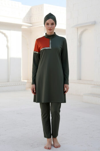 Tam Kapalı Tesettür Mayo Haki Likralı 3 Parça M2108