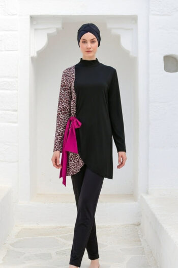 Tam Kapalı Tesettür Mayo Siyah Leopar Desenli Likralı 4 Parça M2104
