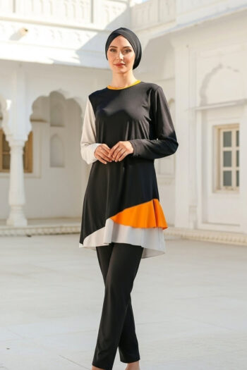 Tam Kapalı Tesettür Mayo Siyah Desenli Likralı 4 Parça M2115