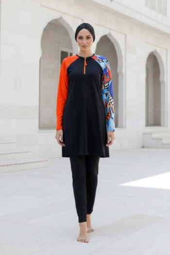 Tam Kapalı Tesettür Mayo Siyah Desenli Likralı Kadın M2117