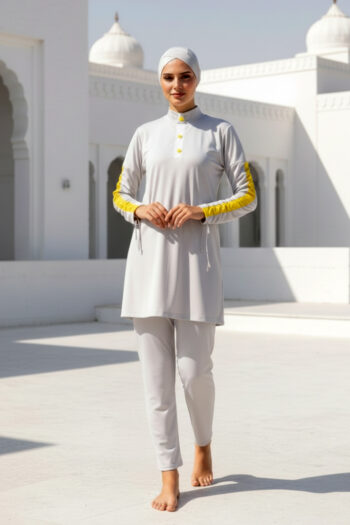 Tam Kapalı Tesettür Mayo Beyaz Likralı 4 Parça Kadın M2118