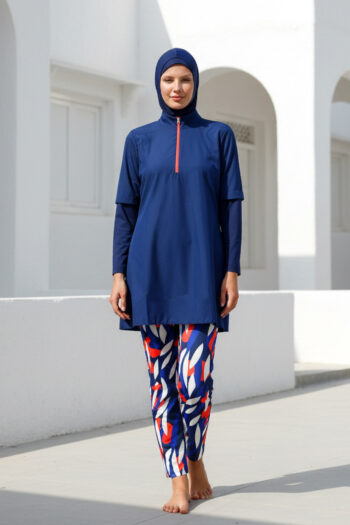 Tam Kapalı Tesettür Mayo 4’lü Set Paraşüt Kumaş Lacivert Desenli Su İtici – M2262