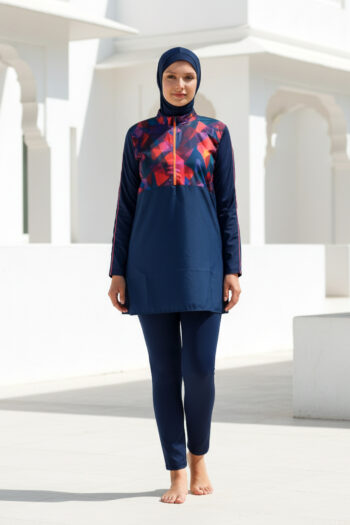 Tam Kapalı Tesettür Mayo 3’lü Set Paraşüt Kumaş Lacivert Desenli Su İtici – M2269